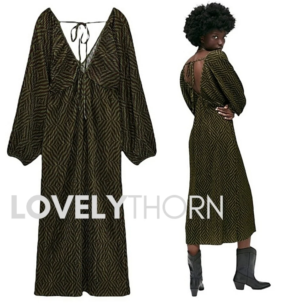 ZARA // silky pleated olive black geo print plunge balloon sleeve midi dress